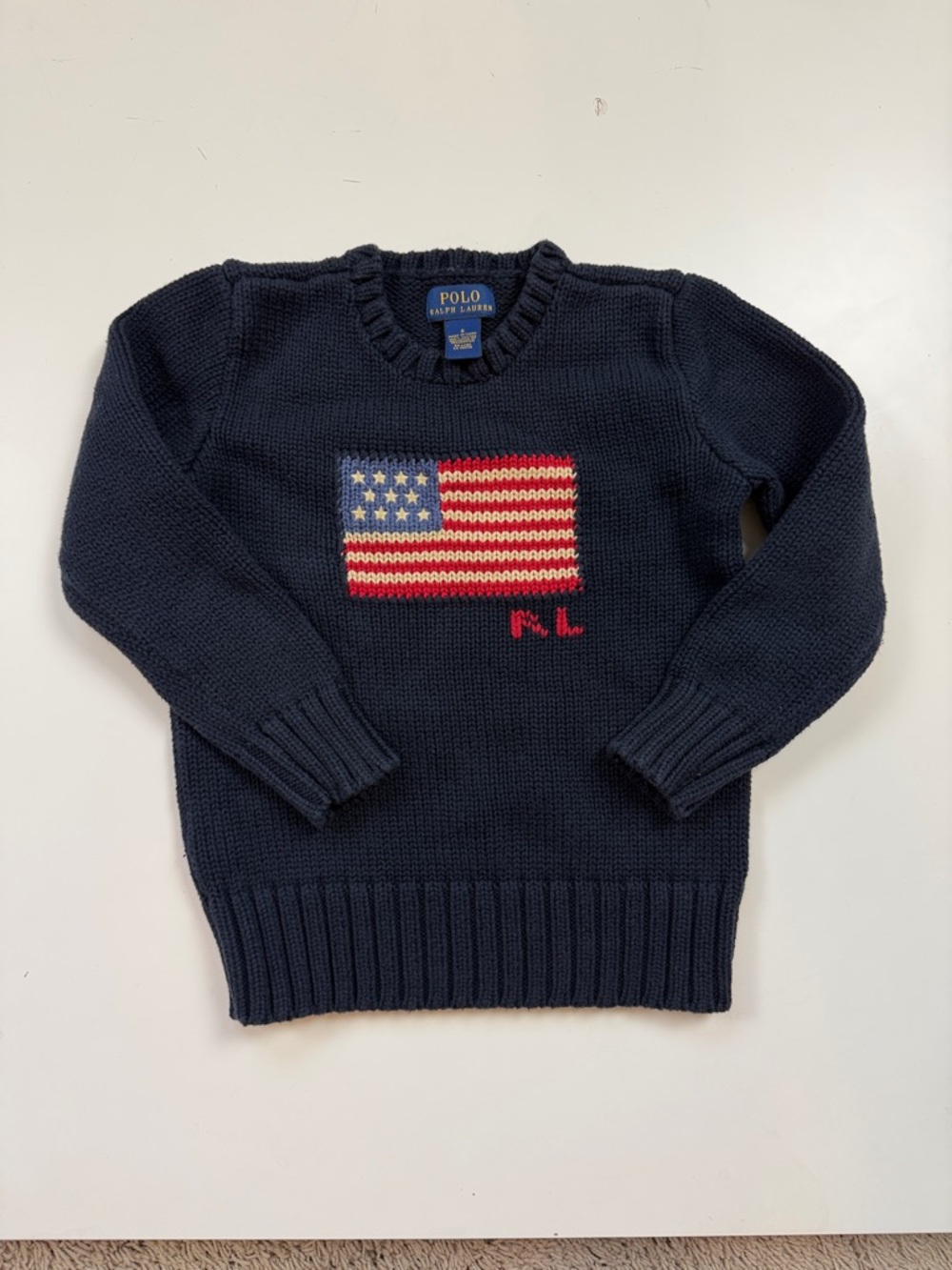 Polo by Ralph Lauren Navy Knit Crewneck Sweater with Flag Motif - Boys Size 6 - Picture 5 of 5
